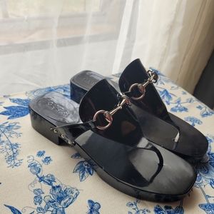 Gucci Black Patent Leather Wood Footbed Sandals with Silver Horsebit